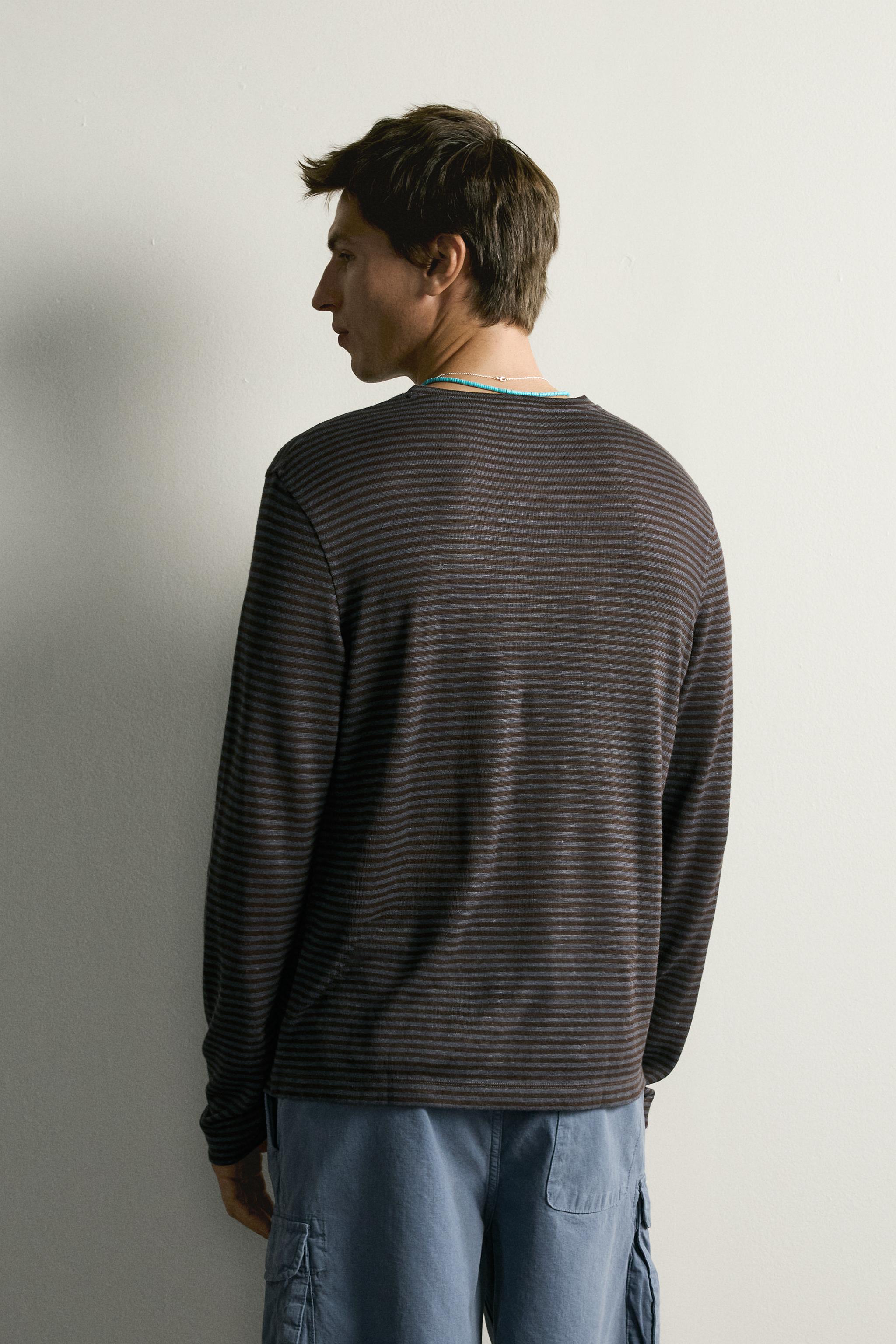HEMP AND VISCOSE STRIPED JACQUARD T-SHIRT